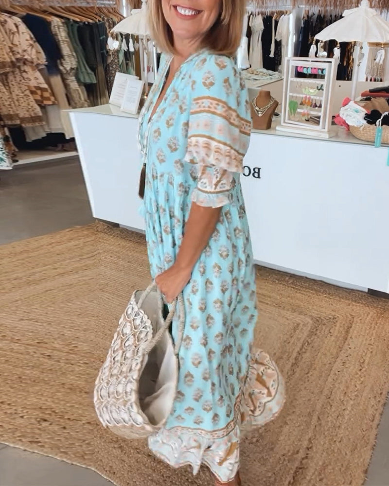 GIULIA | Midi Jurk met V-hals en Elegante Ballonmouwen
