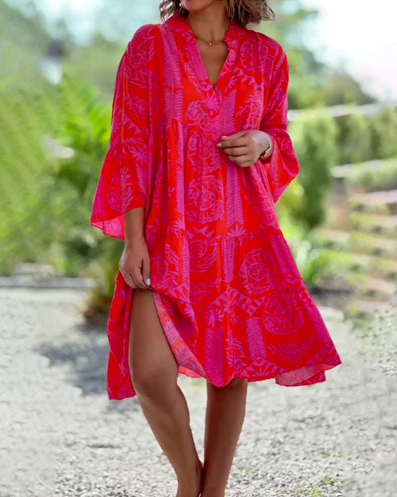 CHIARA | Lange Jurk met Boho Print en 3/4 Mouwen met Klok