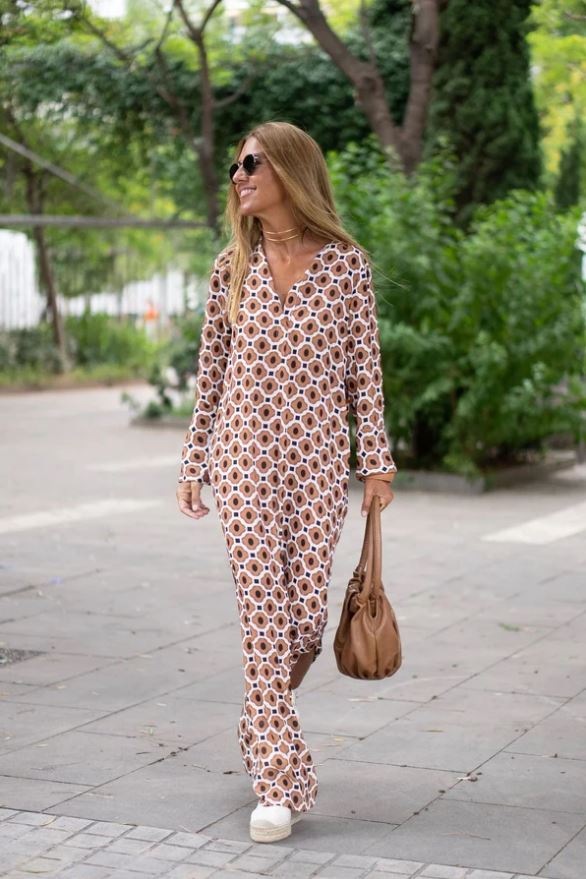 GABRIELLA | Lange Jurk met Geometrische Print en Elegante Snit voor Elke Gelegenheid