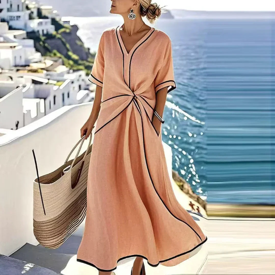 Aurora | V-Hals Maxi Jurk met Gedraaide Taille en Contrasterende Bies