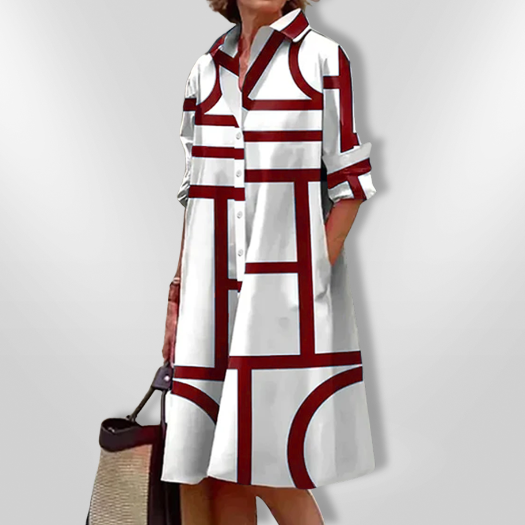 AURORA | Midi Hemdress met Flatterende Snit en Moderne Geometrische Print