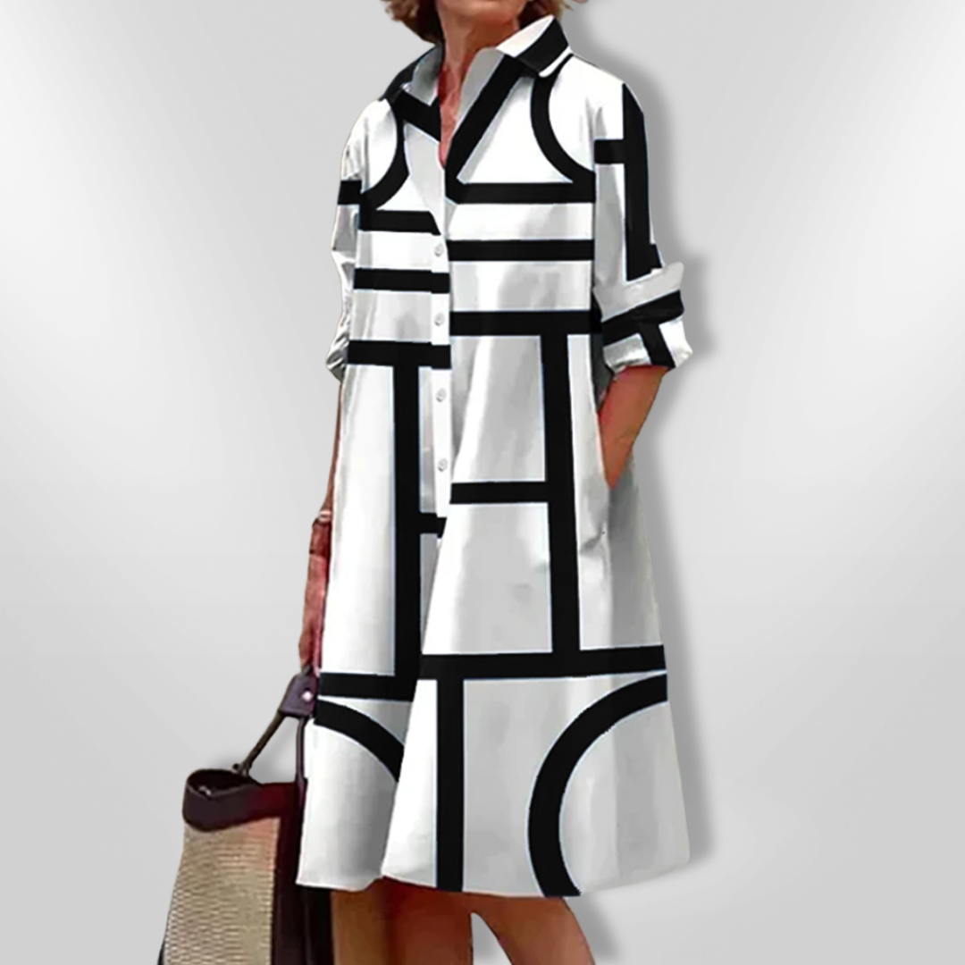 AURORA | Midi Hemdress met Flatterende Snit en Moderne Geometrische Print