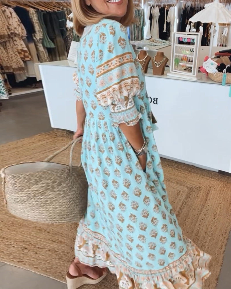 GIULIA | Midi Jurk met V-hals en Elegante Ballonmouwen