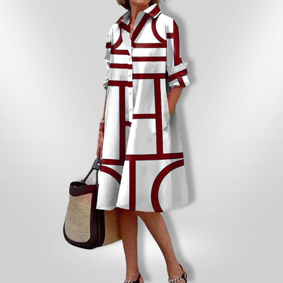 AURORA | Midi Hemdress met Flatterende Snit en Moderne Geometrische Print