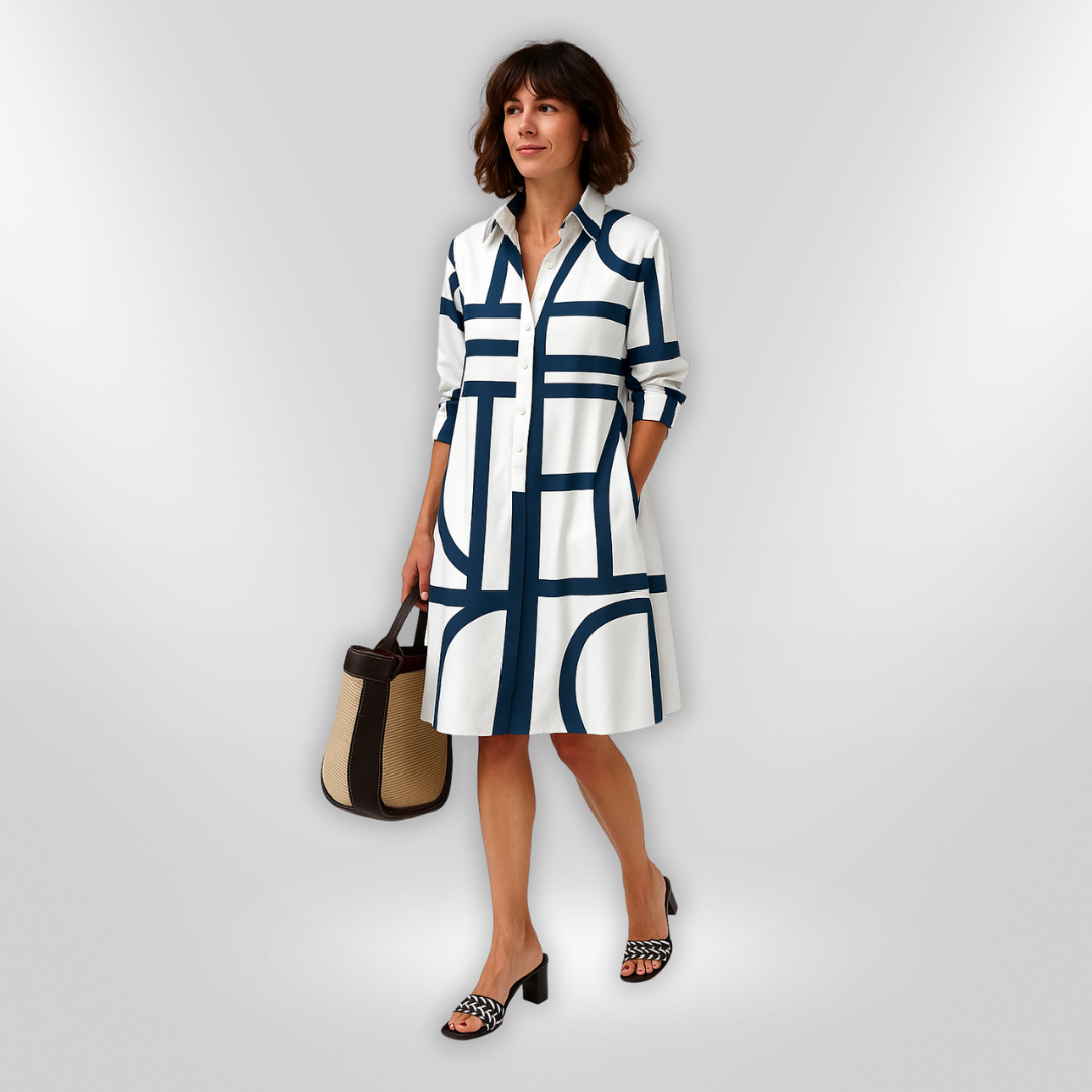 AURORA | Midi Hemdress met Flatterende Snit en Moderne Geometrische Print