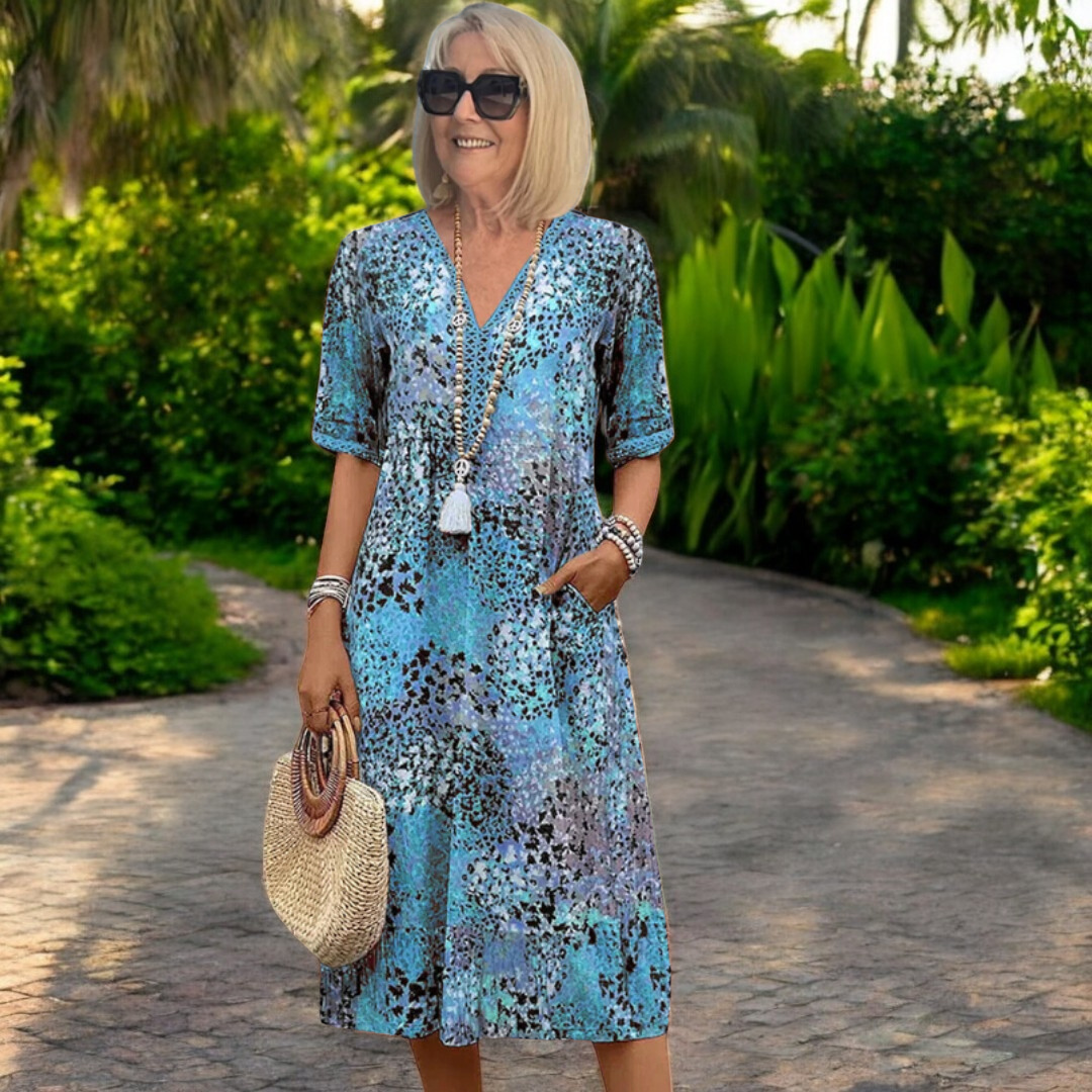 Chloe | Dames Bloemen Midi Jurk Boho A-Lijn Vakantiejurk met V-hals en Zakken