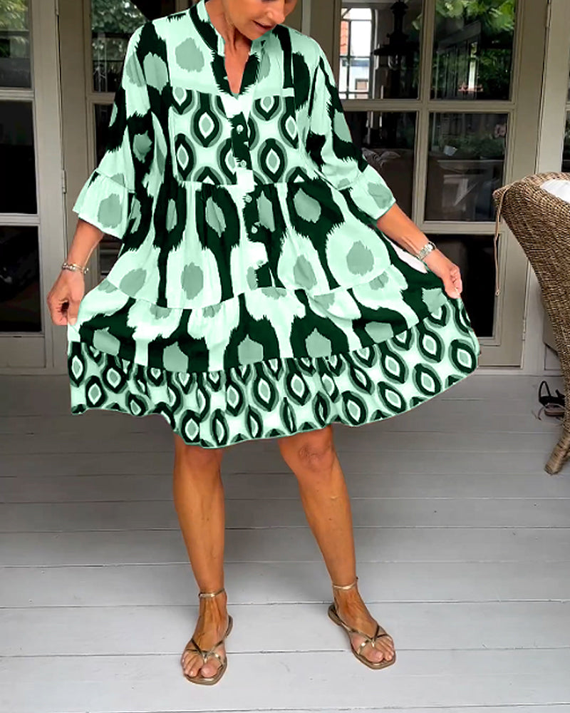 ELVINA | Geprinte Jurk met 3/4 Mouwen en A-Lijn Snit voor een Elegante en Ontspannen Look