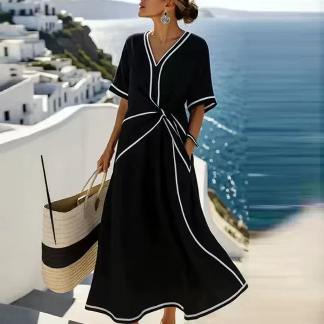 Aurora | V-Hals Maxi Jurk met Gedraaide Taille en Contrasterende Bies