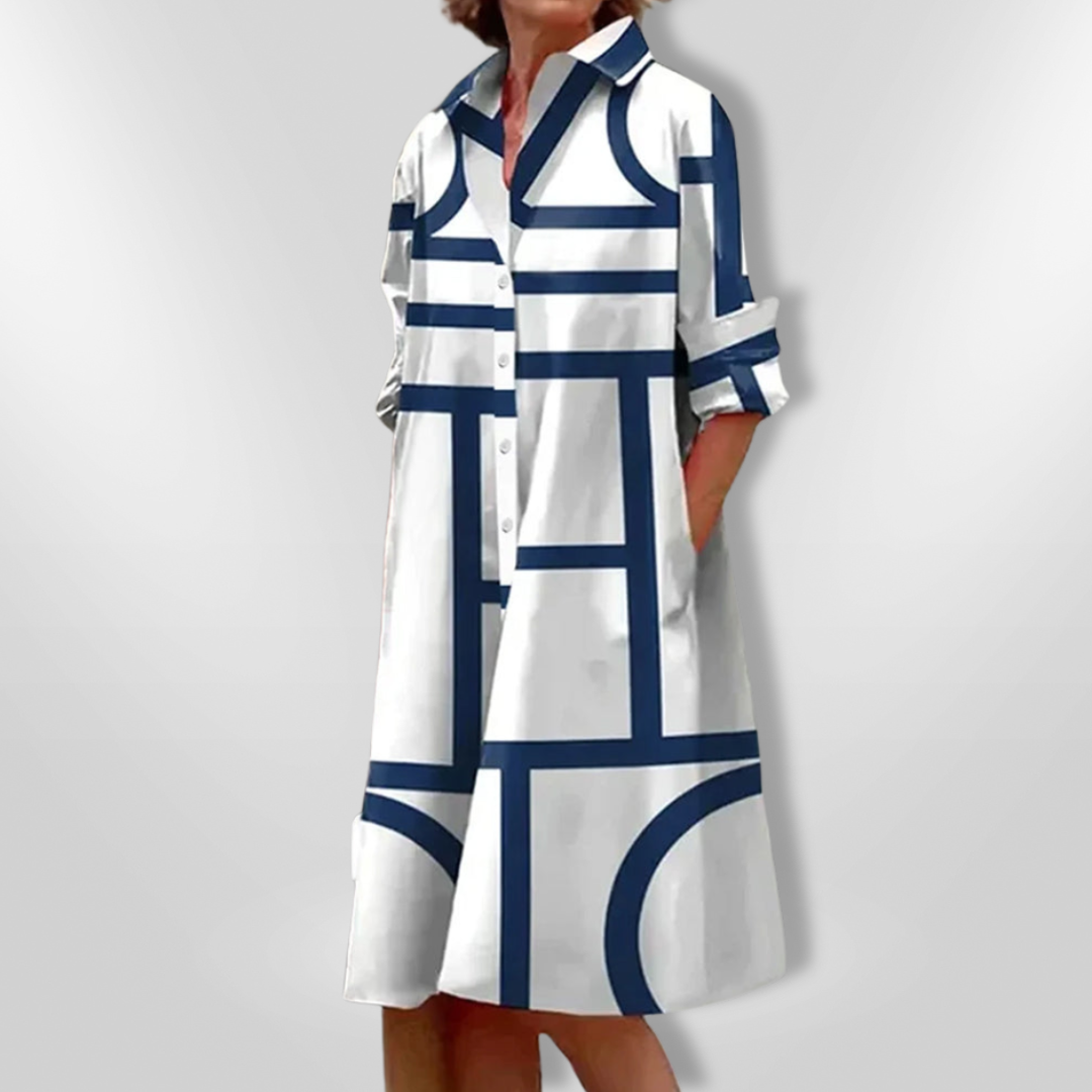 AURORA | Midi Hemdress met Flatterende Snit en Moderne Geometrische Print