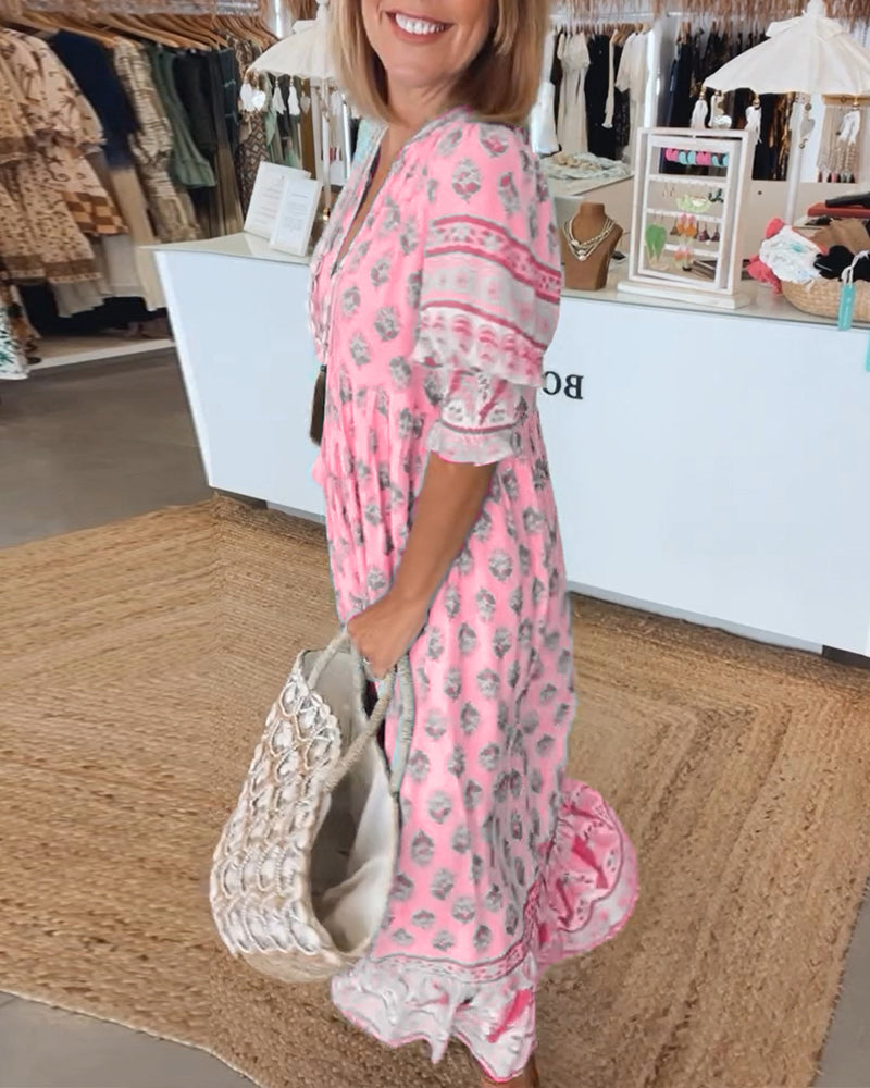 GIULIA | Midi Jurk met V-hals en Elegante Ballonmouwen