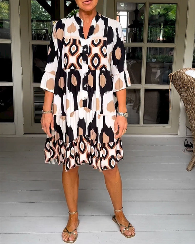 ELVINA | Geprinte Jurk met 3/4 Mouwen en A-Lijn Snit voor een Elegante en Ontspannen Look