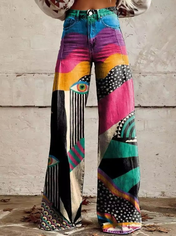 TALIA | Boho Flared Broek met Hoge Taille en Artistieke Festivallook