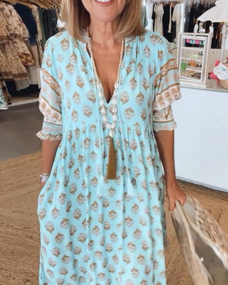 GIULIA | Midi Jurk met V-hals en Elegante Ballonmouwen