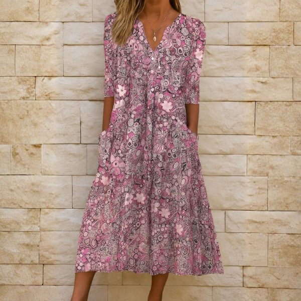 ROMY | Flatterende Midi Jurk met Artistieke Print en Zijzakken
