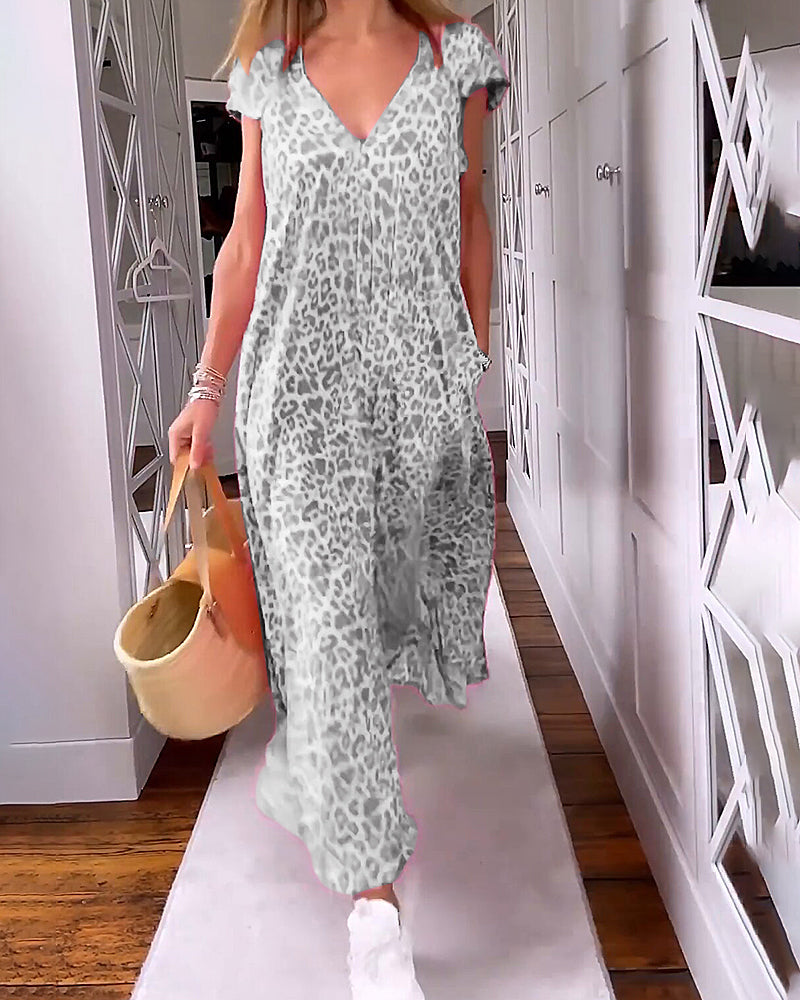 TALIA | Lange Geprinte Jurk met V-hals en Korte Mouwen voor een Boho Zomerse Look
